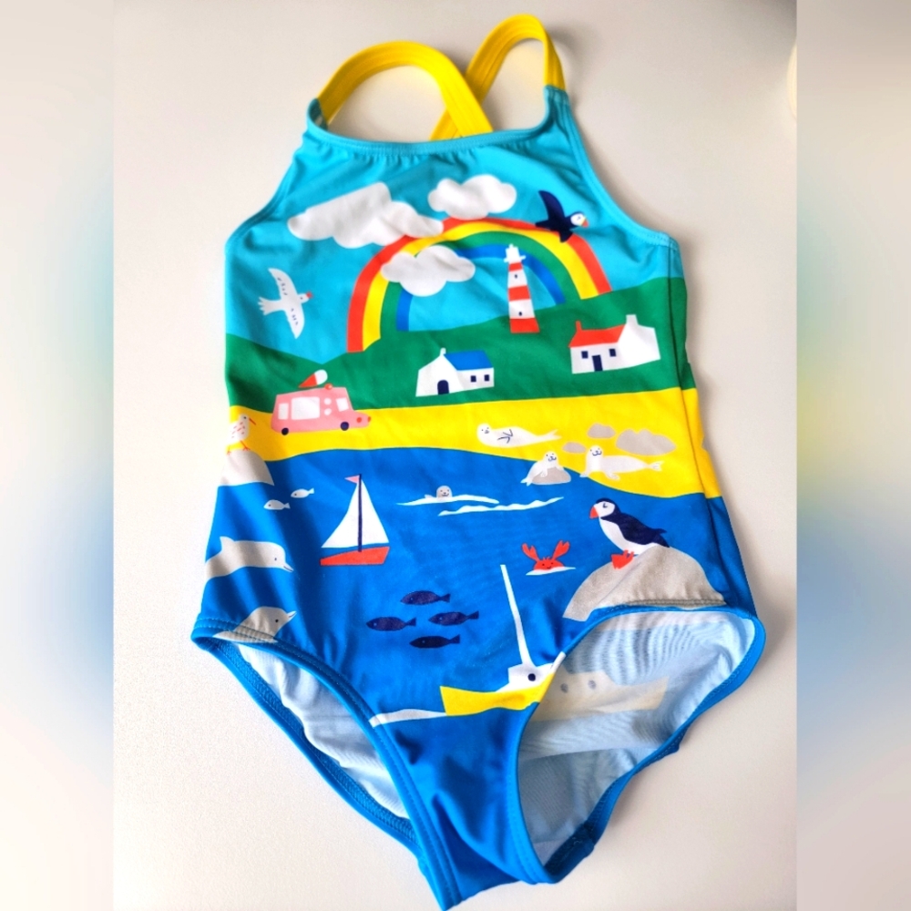 Mini Boden Cross-back Printed Swimsuit Beach/Ocean Scene (4-5Y 110cm)